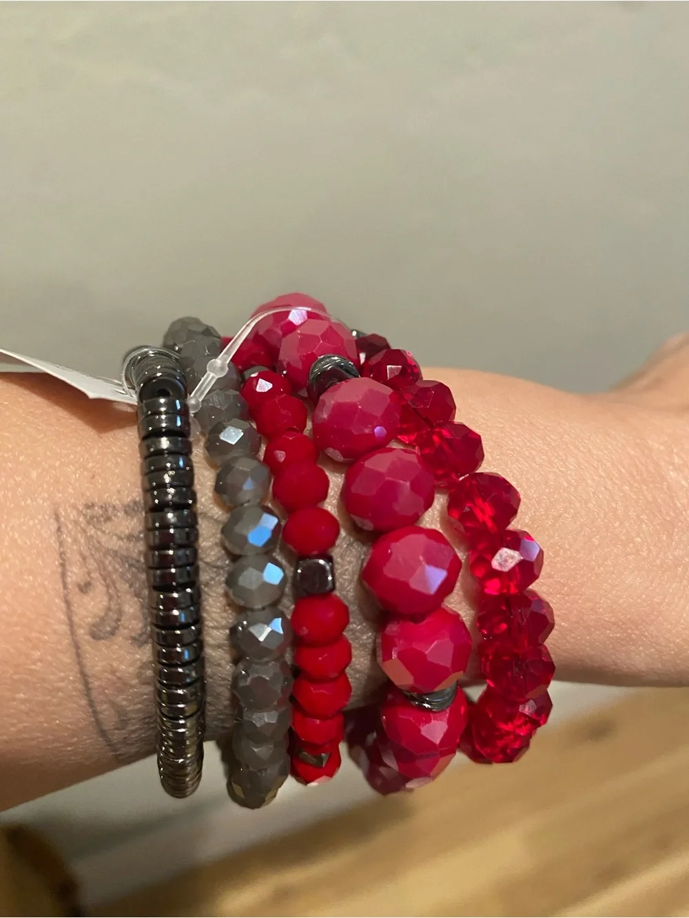 5 piece Faceted Red w/ Gray and Black Stretch Beaded Bracelet Set. NWT MSRP $59